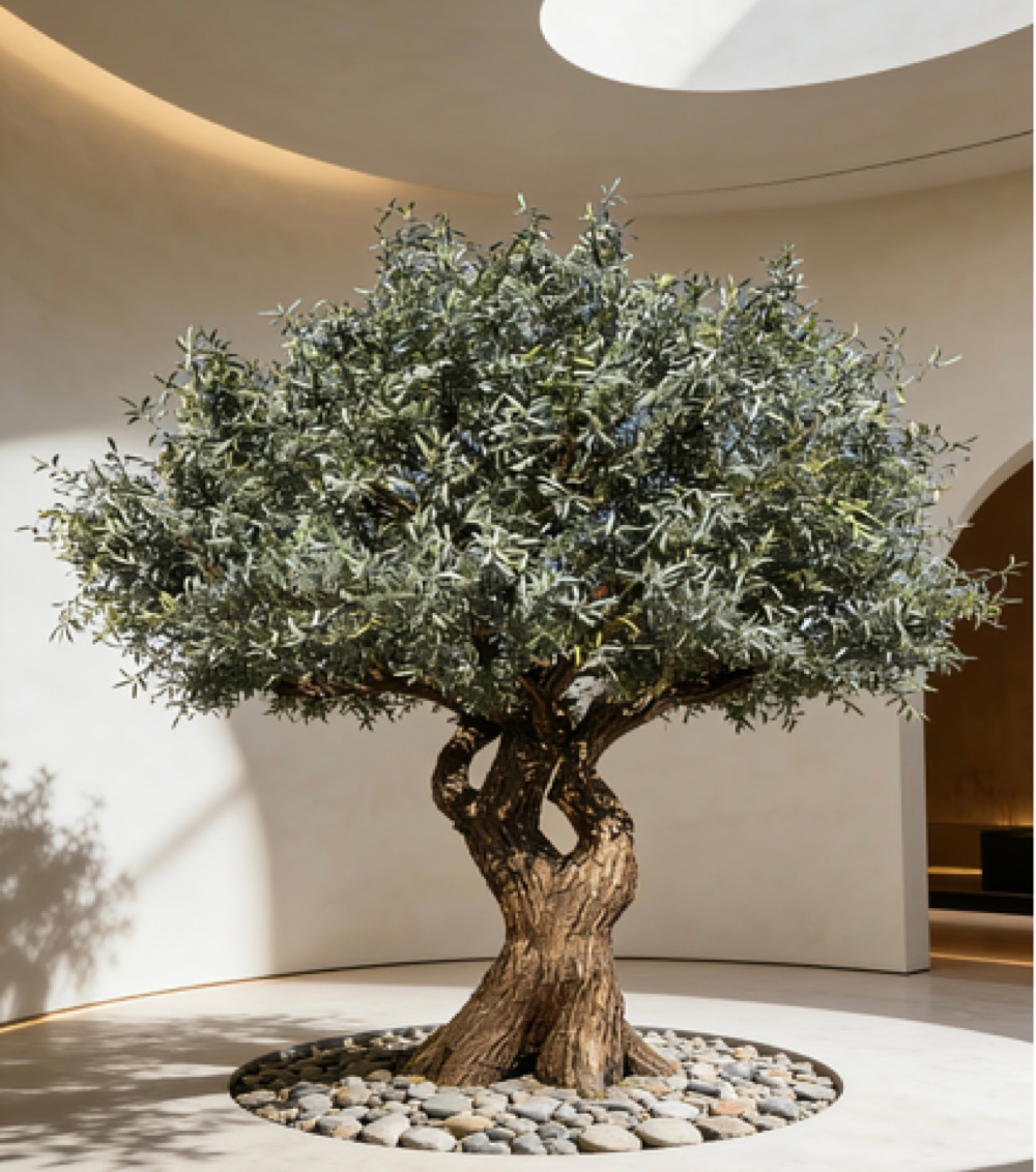 Artificial olive tree on stone-texture backdrop