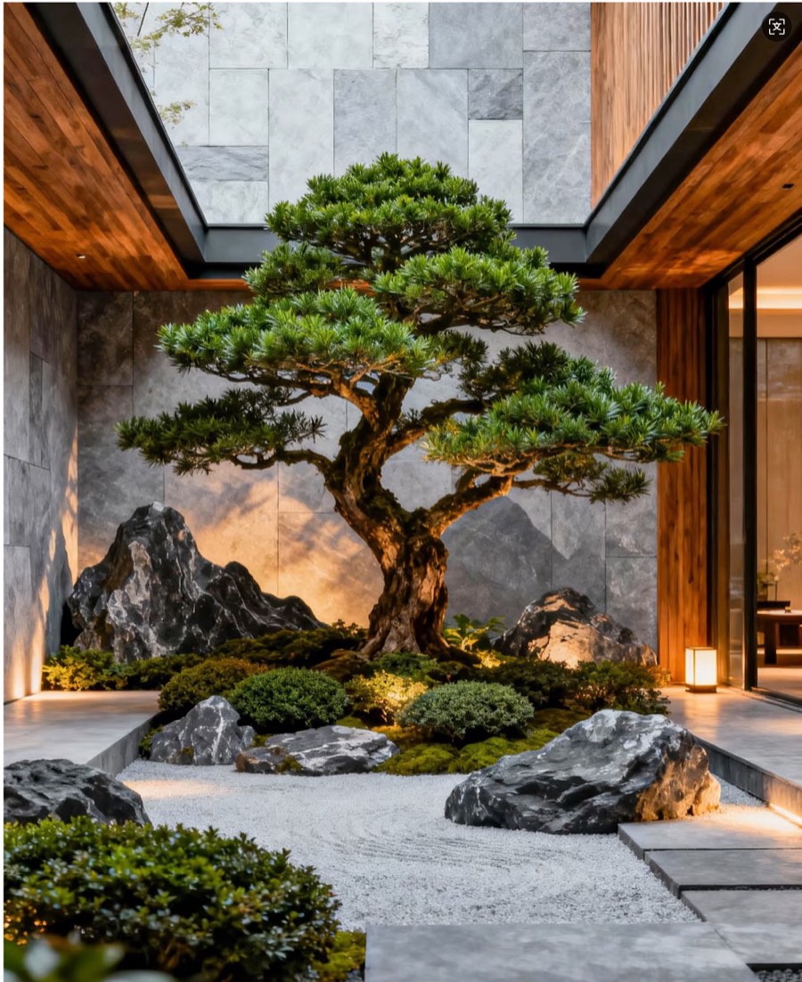 Artificial pine tree in modern courtyard